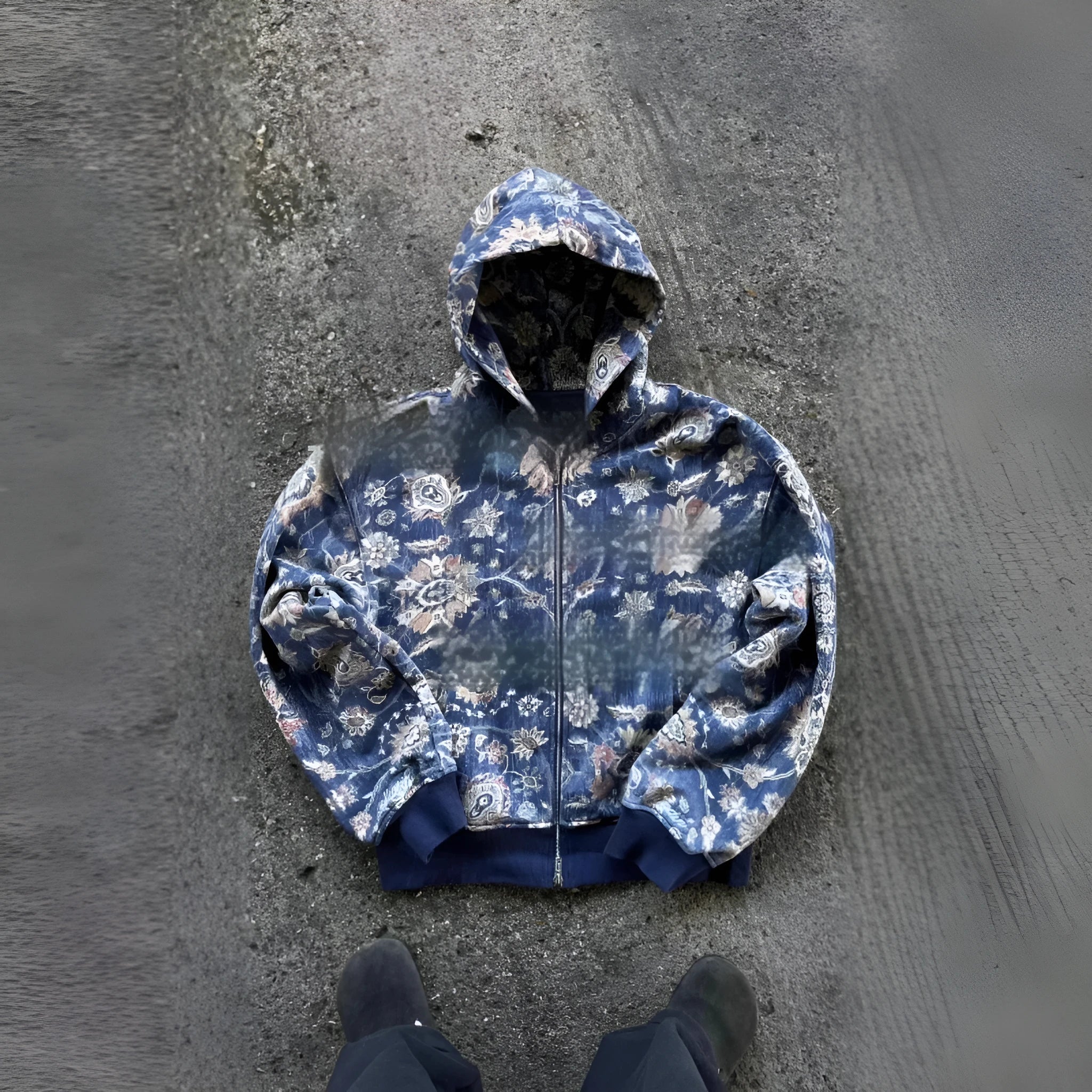 Man wearing a blue loose hooded zip-up polyester coat for casual autumn wear.