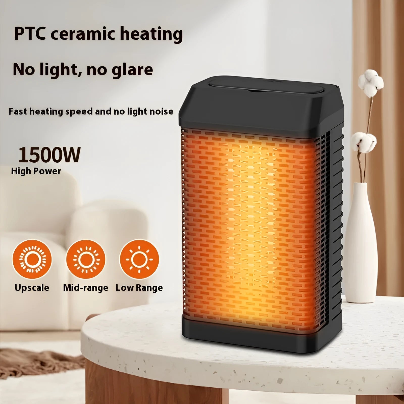 Black remote control desktop warm air blower heater showing compact size and control panel.