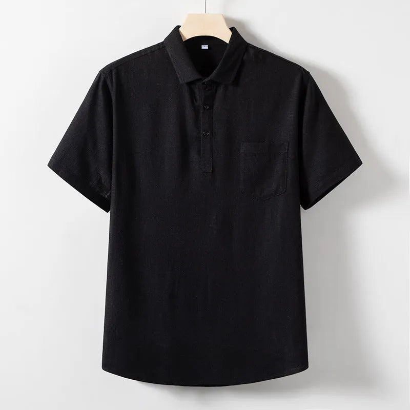 Men's loose fit short sleeve t-shirt in a linen blend fabric, shown in black, white, and optic linen colours.