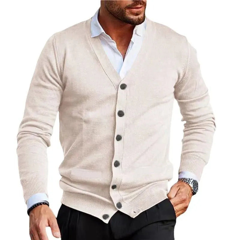 Men's slim fit acrylic cardigan sweater in beige colour on a hanger