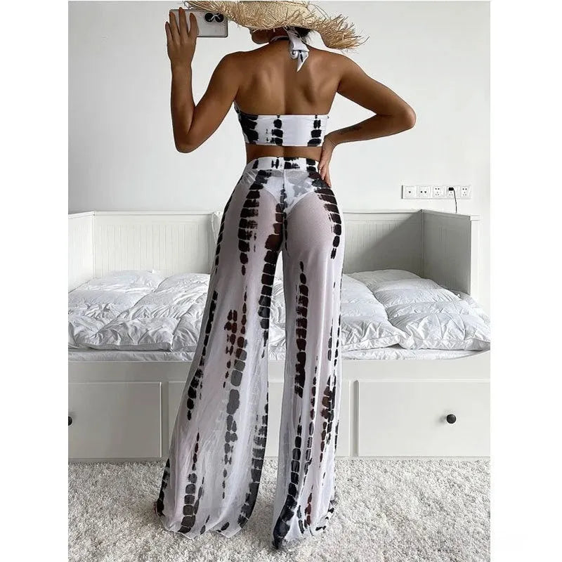 Three-piece swimsuit bikini set with mesh trousers in quick-drying polyester fabric
