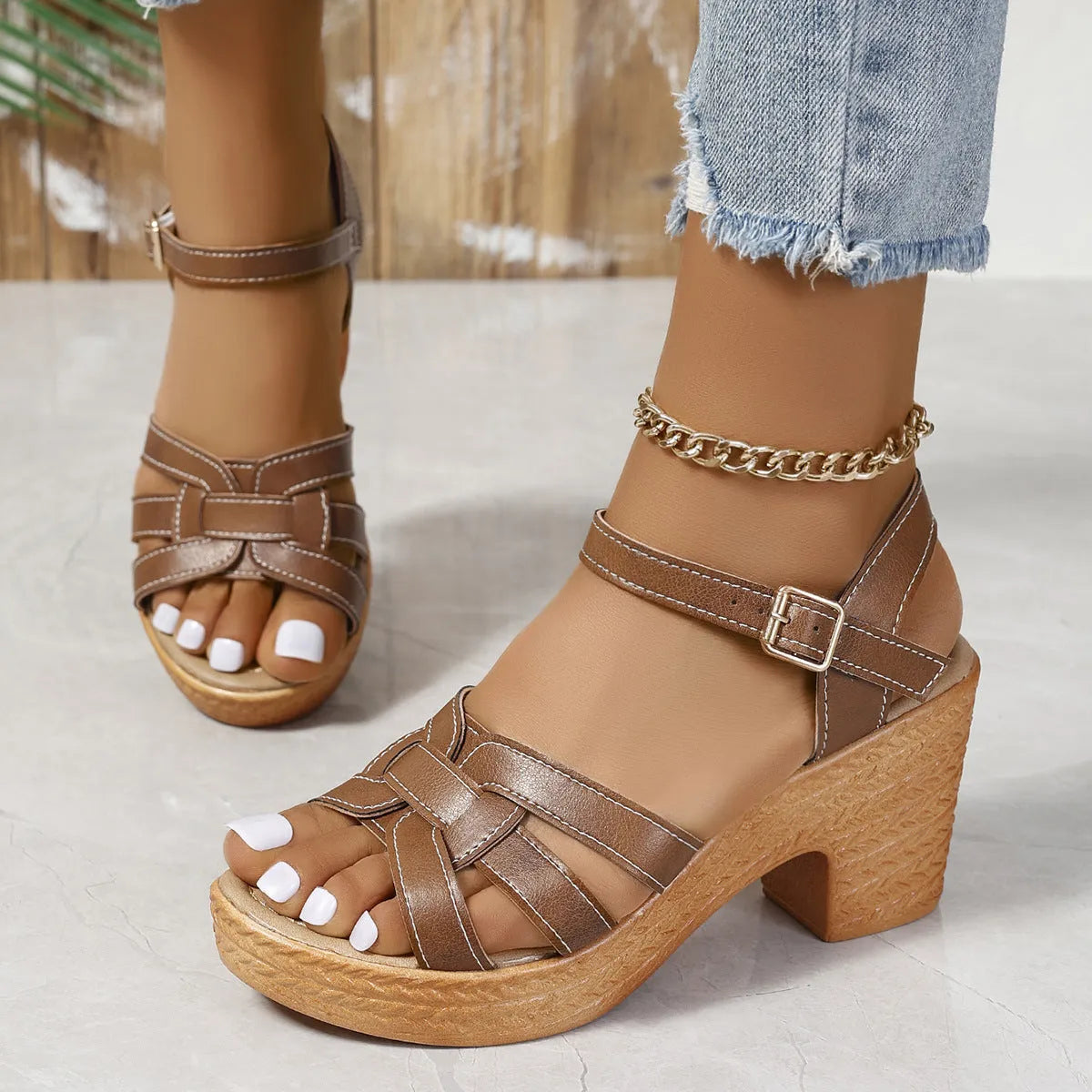 Plus size women's peep toe chunky heel sandals with ankle buckle in black brown and white PU upper