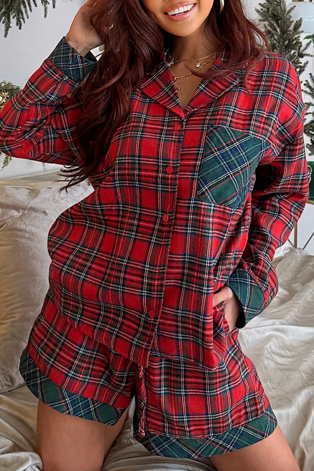 Red plaid Christmas pyjama set with contrast patches, includes shirt and shorts