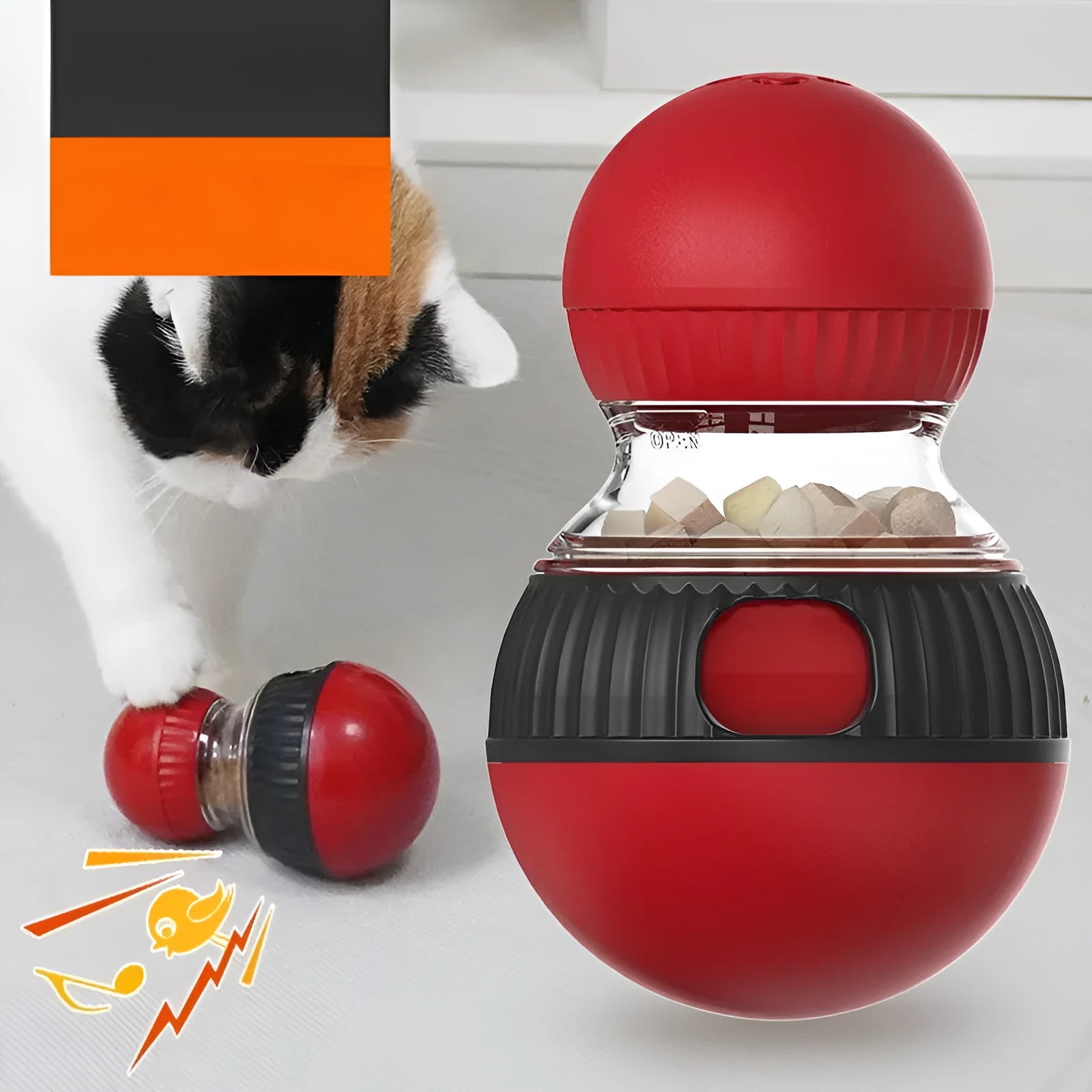 Plastic rotating cat toy with super ball colour design and food dropping mechanism