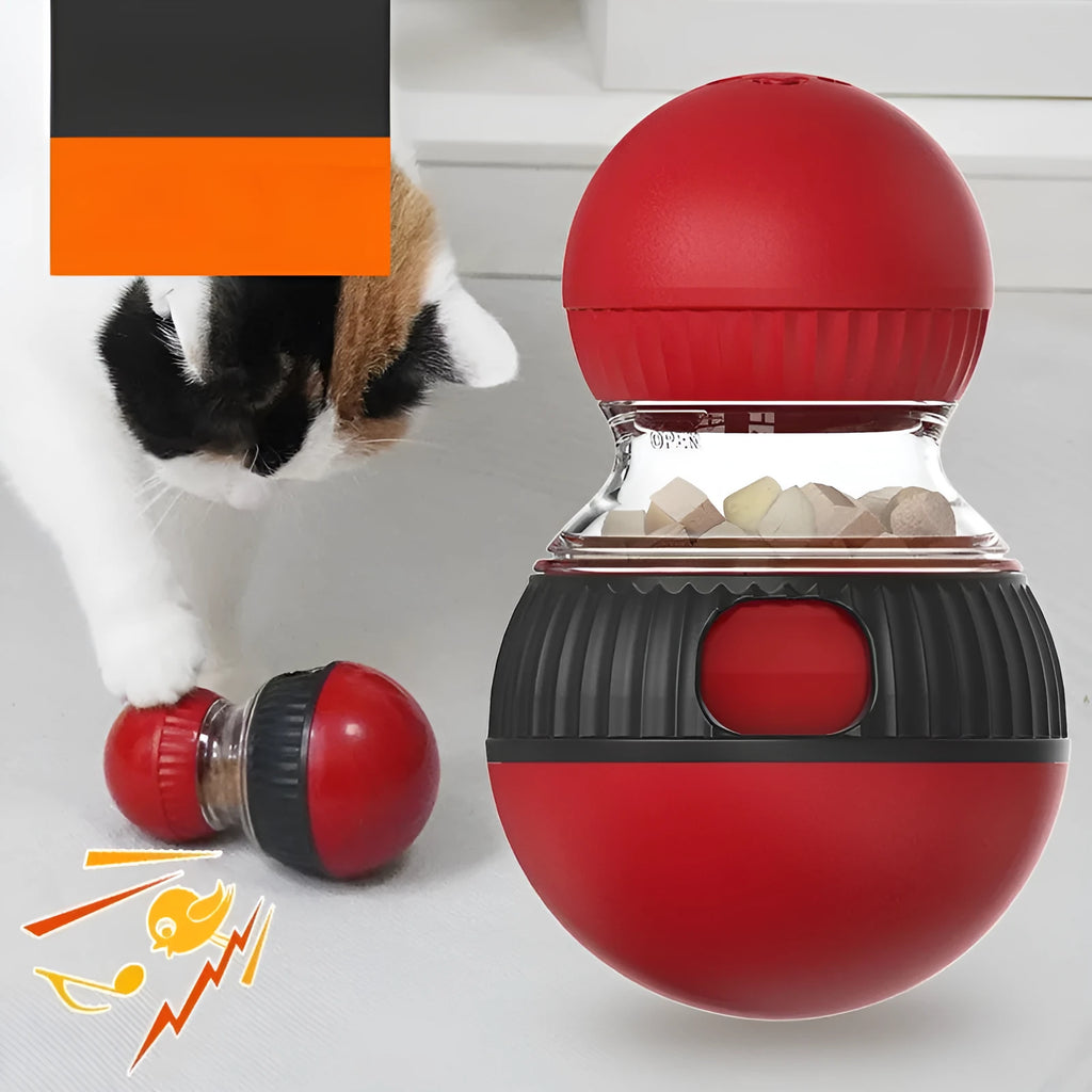 Plastic rotating cat toy in super ball colour that makes sounds and drops food