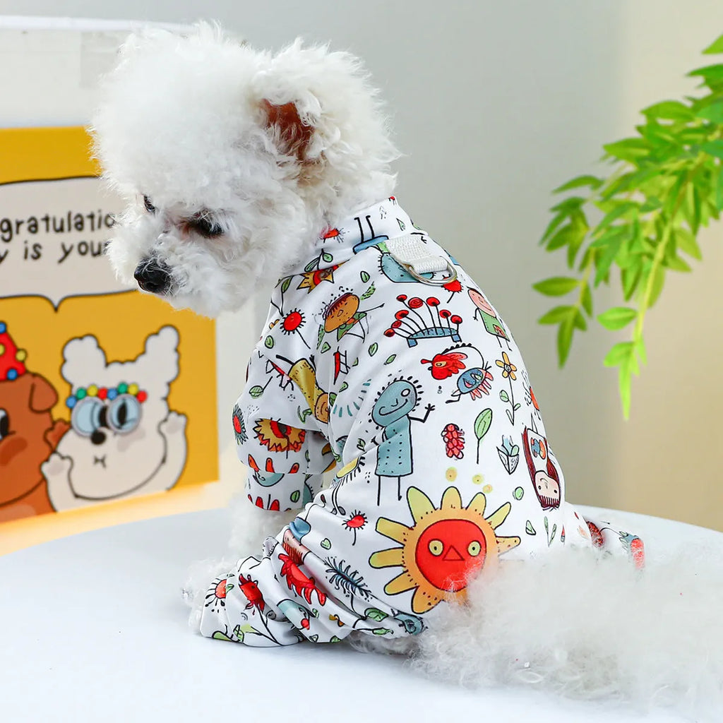 Pet belly-wrap four-legged polyester outfit in various colours including banana, Halloween, and Christmas patterns