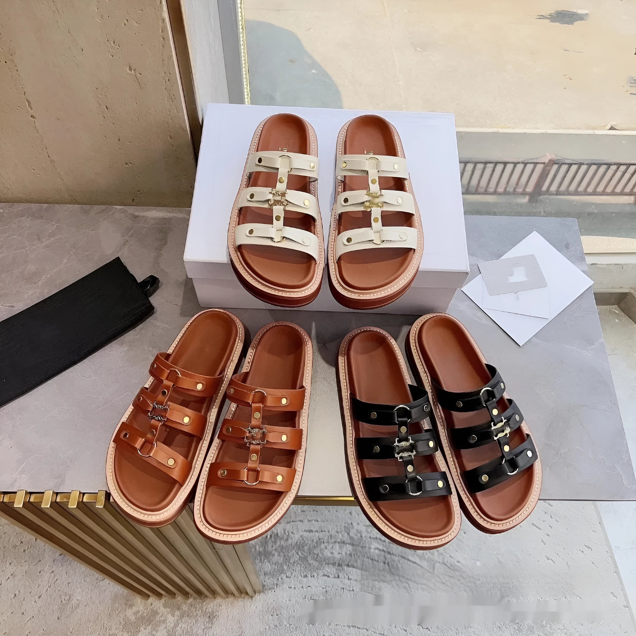 Women's retro Roman style sandal slippers in patent leather sheepskin available in white, black and brown colours