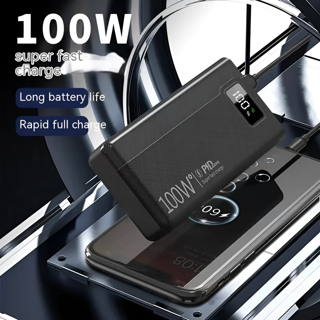 Black and white large capacity fast charging power bank with dimensions 150x76mm
