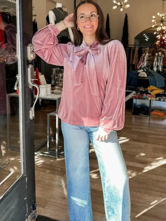 Fuchsia solid colour velvet ribbon bow knot long sleeve blouse with 100% polyester fabric, front view