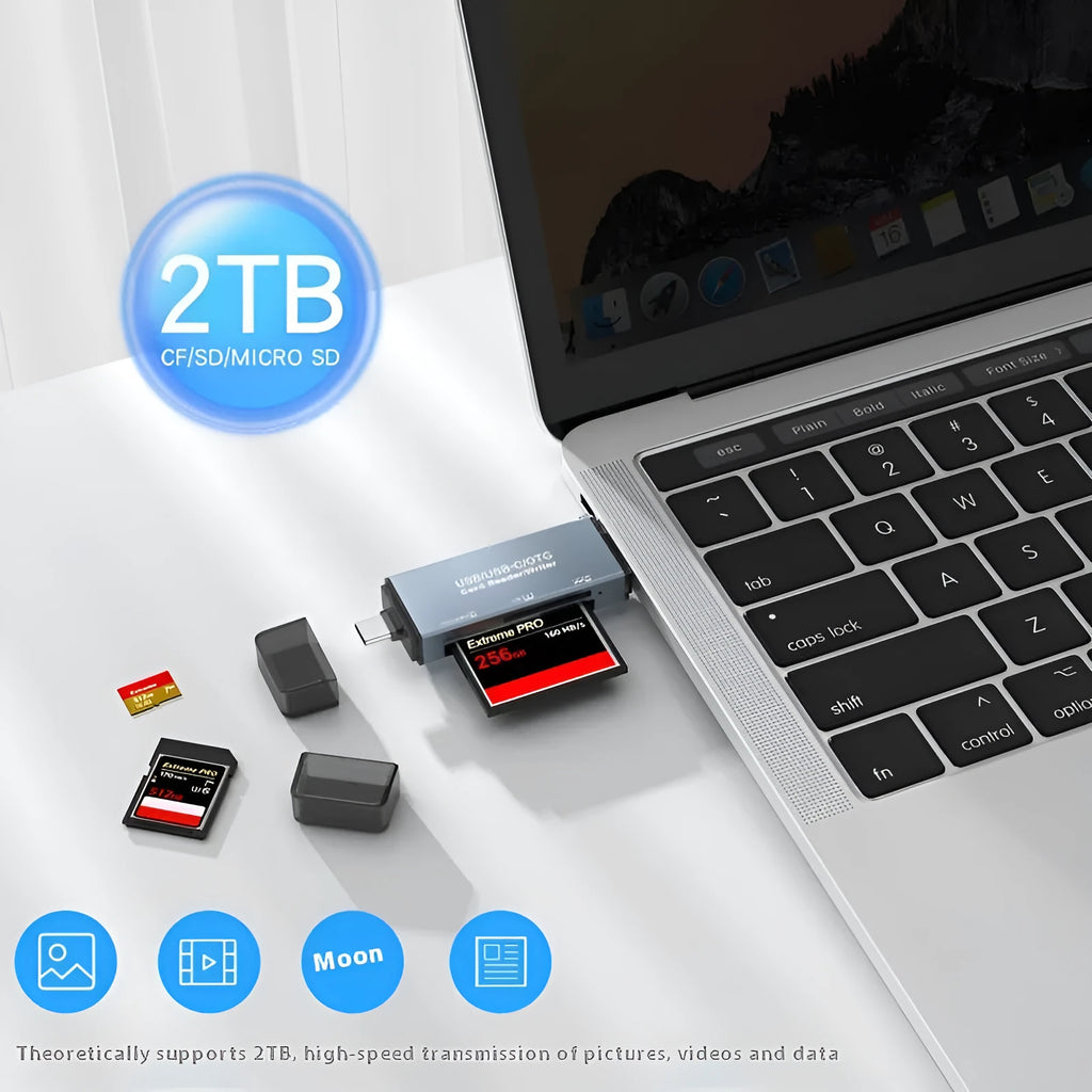 Aluminium alloy three-in-one USB card reader for CF, SD, and Micro SD/TF memory cards.