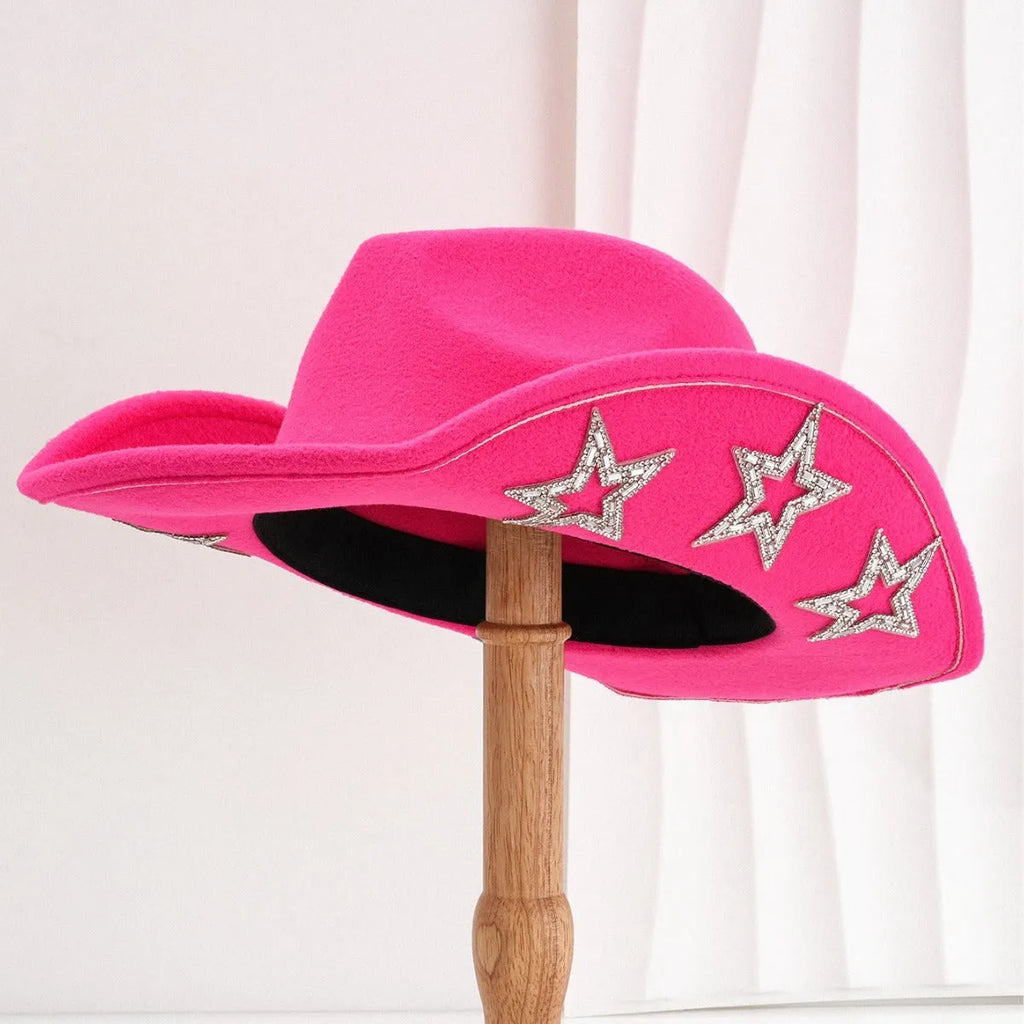 Denim top hat made from woolen felt with a conical crown and hexagonal star decoration.