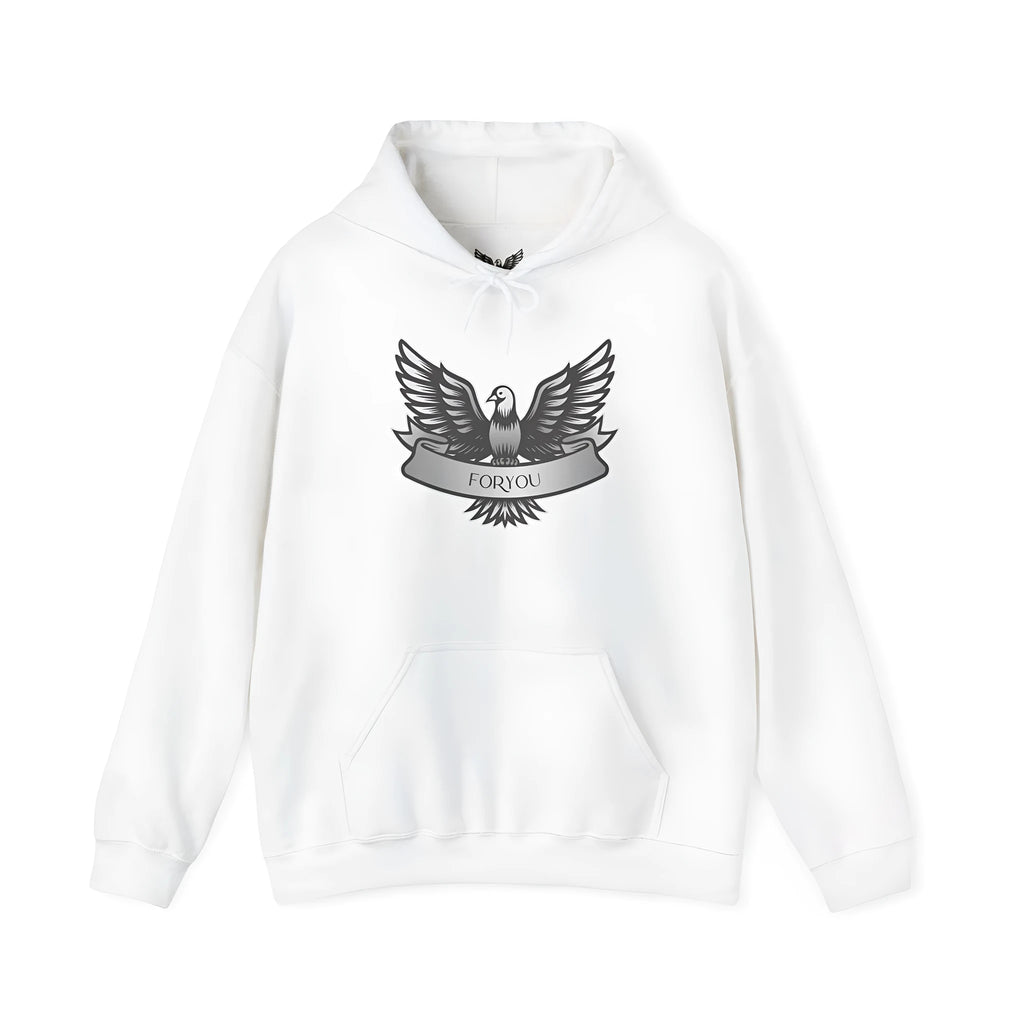 White cotton blend pullover hoodie with hood and long sleeves laid flat