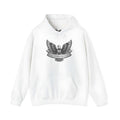 White cotton blend pullover hoodie with hood and long sleeves laid flat