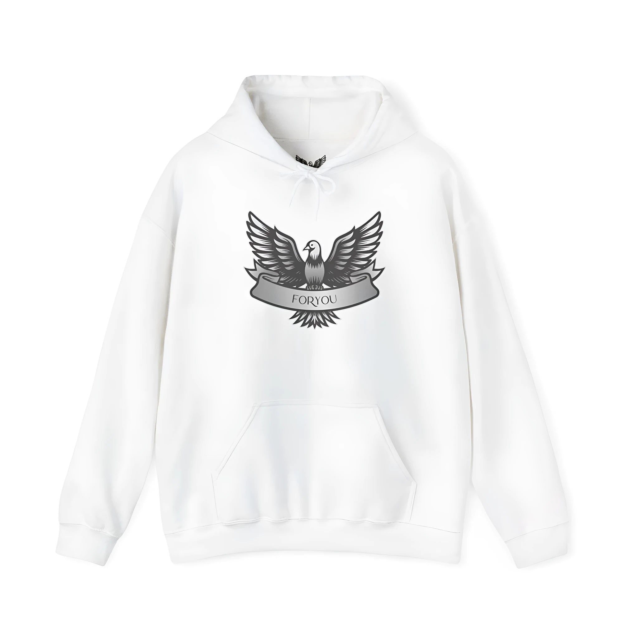White cotton blend pullover hoodie with hood and long sleeves laid flat