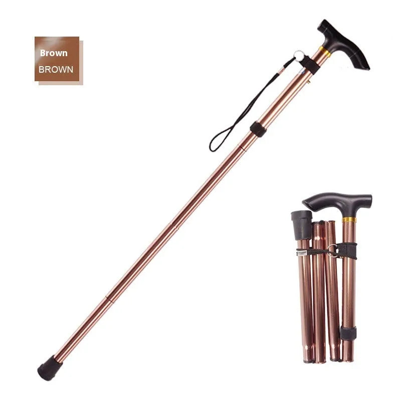 Adjustable aluminium folding walking cane in silver with non-slip rubber foot extended to full height