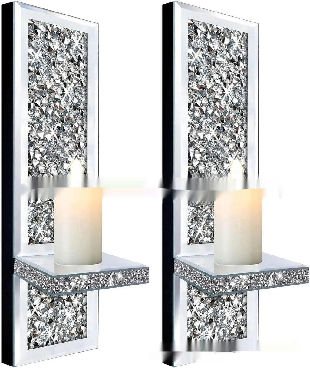 Pair of silver mirror glass candle holders wall mounted at 38cm height