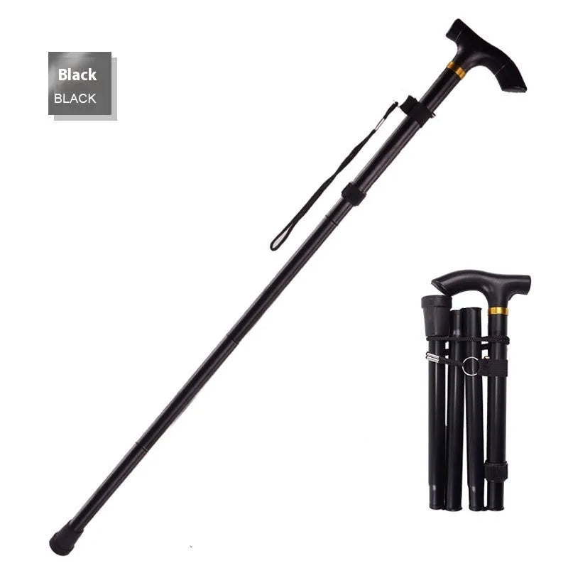 Adjustable aluminium folding walking cane in silver with non-slip rubber foot extended to full height