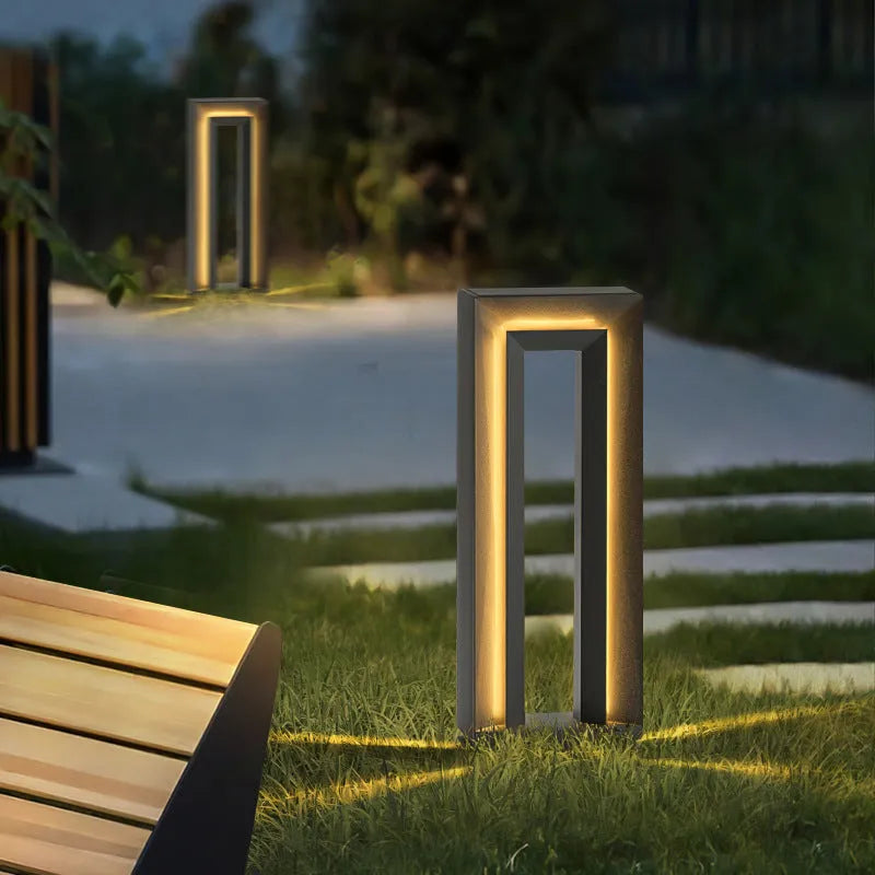 Solar square outdoor garden landscape lamp in geometric abstract art design, stainless steel and acrylic, IP65 waterproof, 62cm height