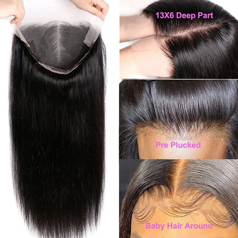 Straight black human hair wig with 13x6 lace frontal closure showing natural hairline