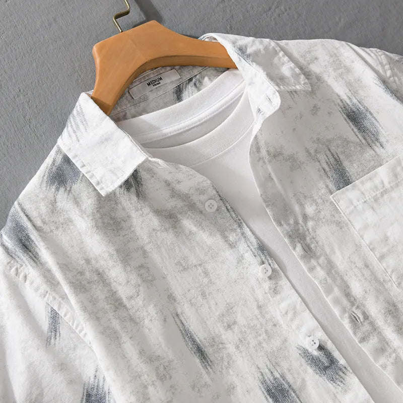 Men's white and light green cotton short sleeve floral print top, loose cardigan style, sizes M to 3XL