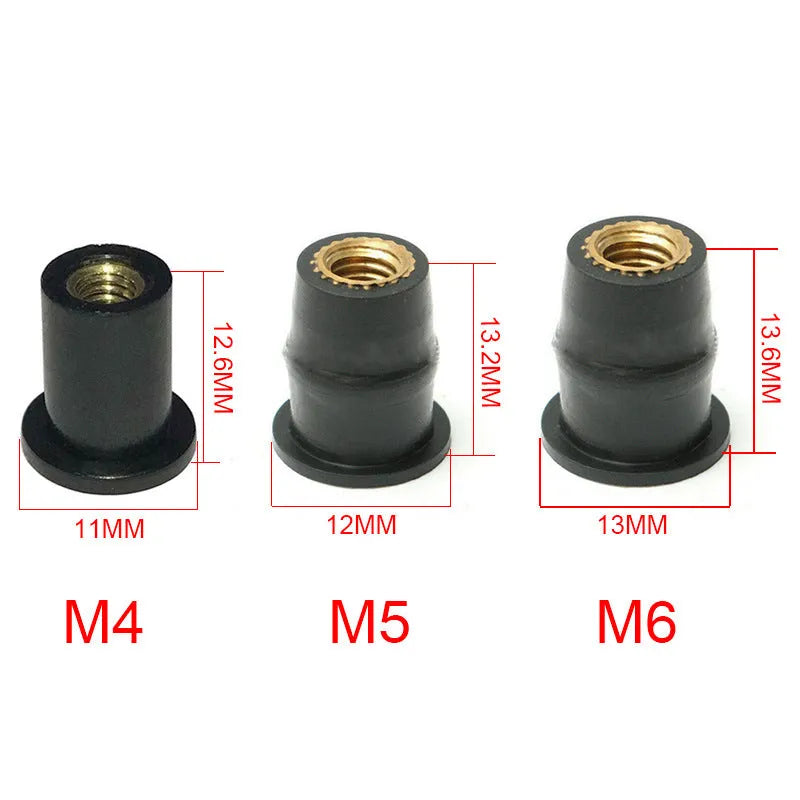 Black rubber motorcycle well nut fasteners with brass threads in M4, M5, and M6 sizes, 10 piece kit.
