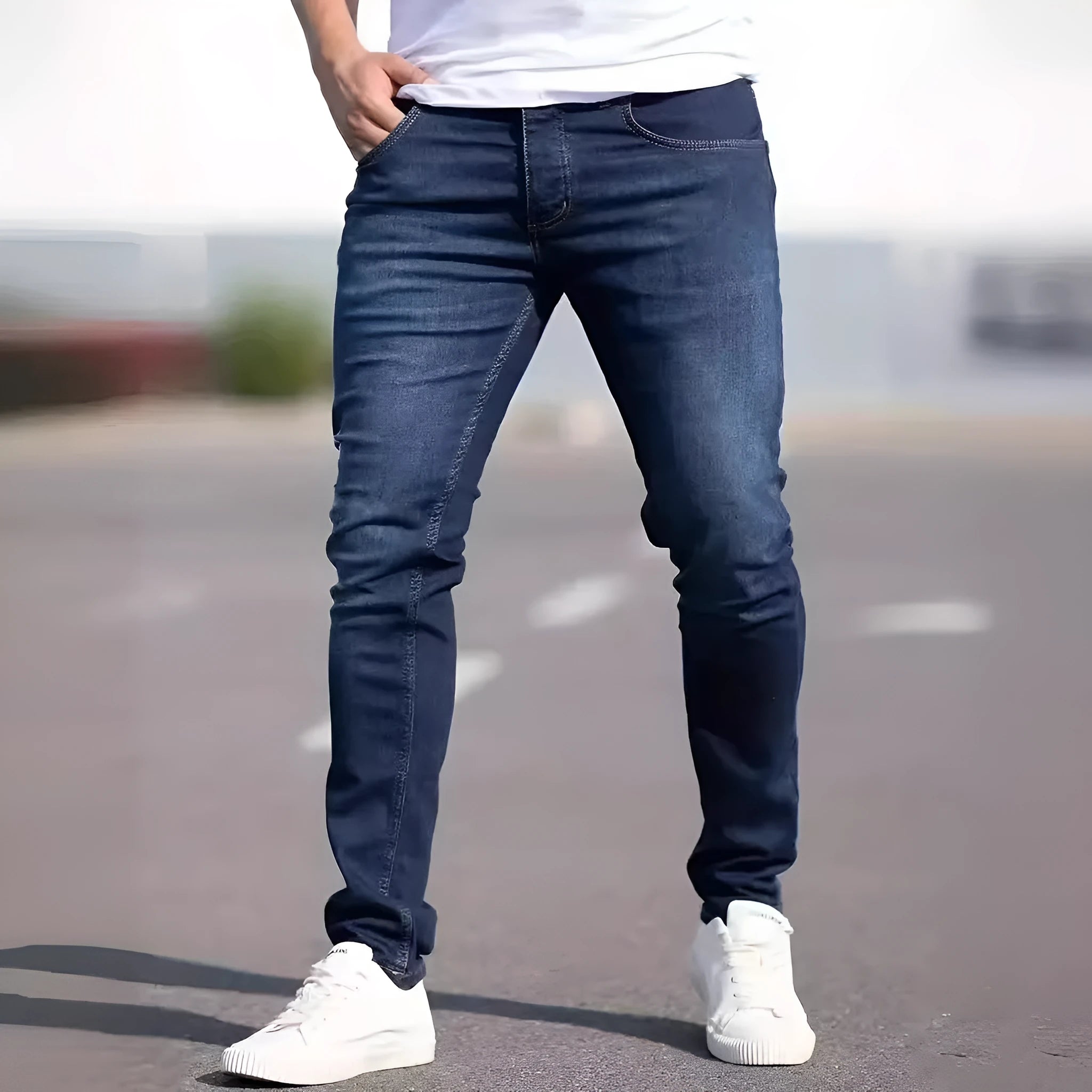 Dark blue men's slim fit casual jeans with a tight leg style and mid waist design.