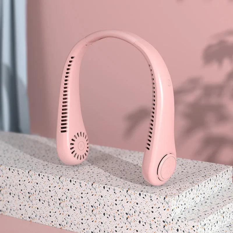 Blue USB rechargeable bladeless neck fan worn around the neck, showing the flexible band and air outlet.