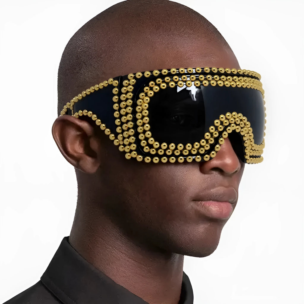 Punk sunglasses with super large square rim frame and rivet details in silver colour