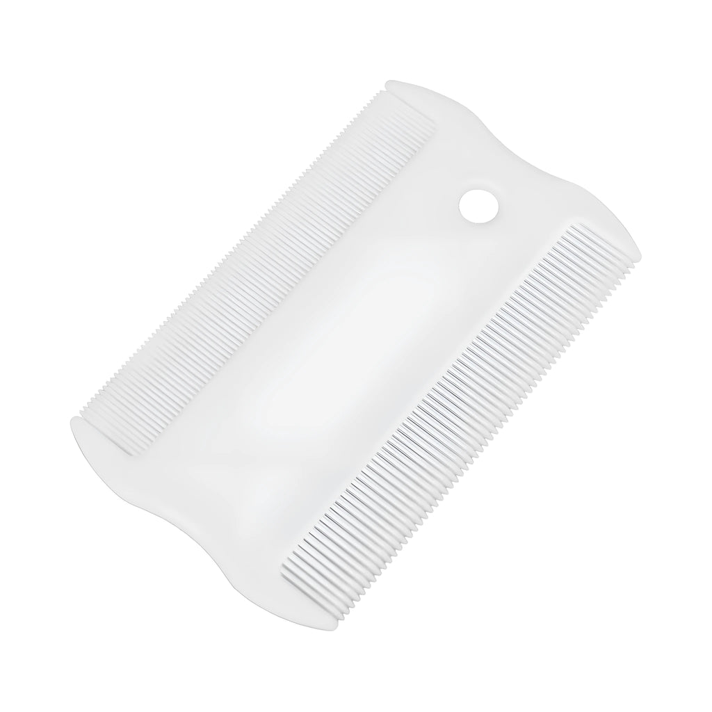 A small white plastic double-sided flea comb for pets, shown next to a ruler for scale.