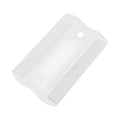 A small white plastic double-sided flea comb for pets, shown next to a ruler for scale.