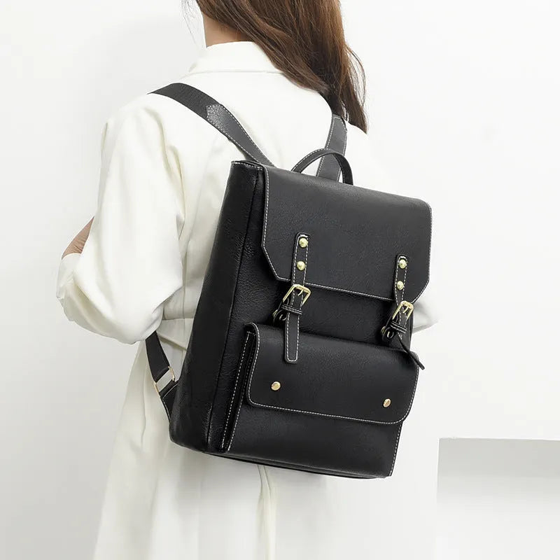 Korean style retro backpack in soft PU material, shown in creamy white colour.