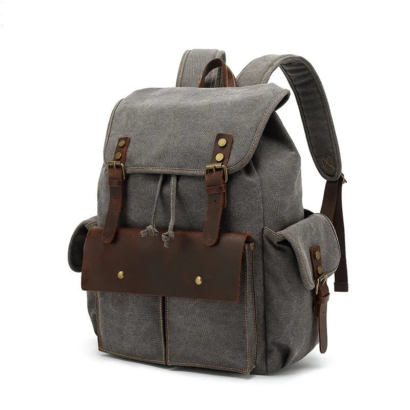 Retro wear-resistant canvas backpack in army green with antique bronze hardware, 16-inch laptop capacity