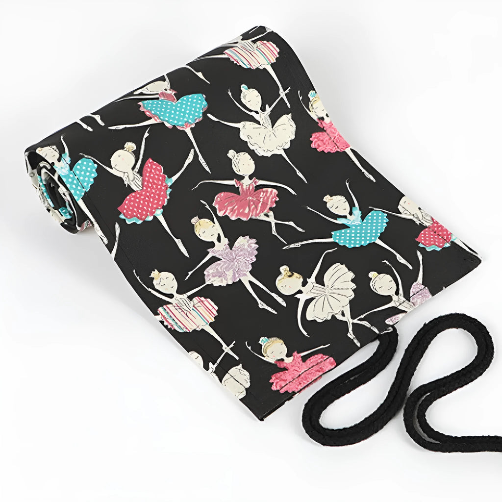 Ballet girl print canvas pencil case curtain rolled up showing multiple pencil holes for organised storage
