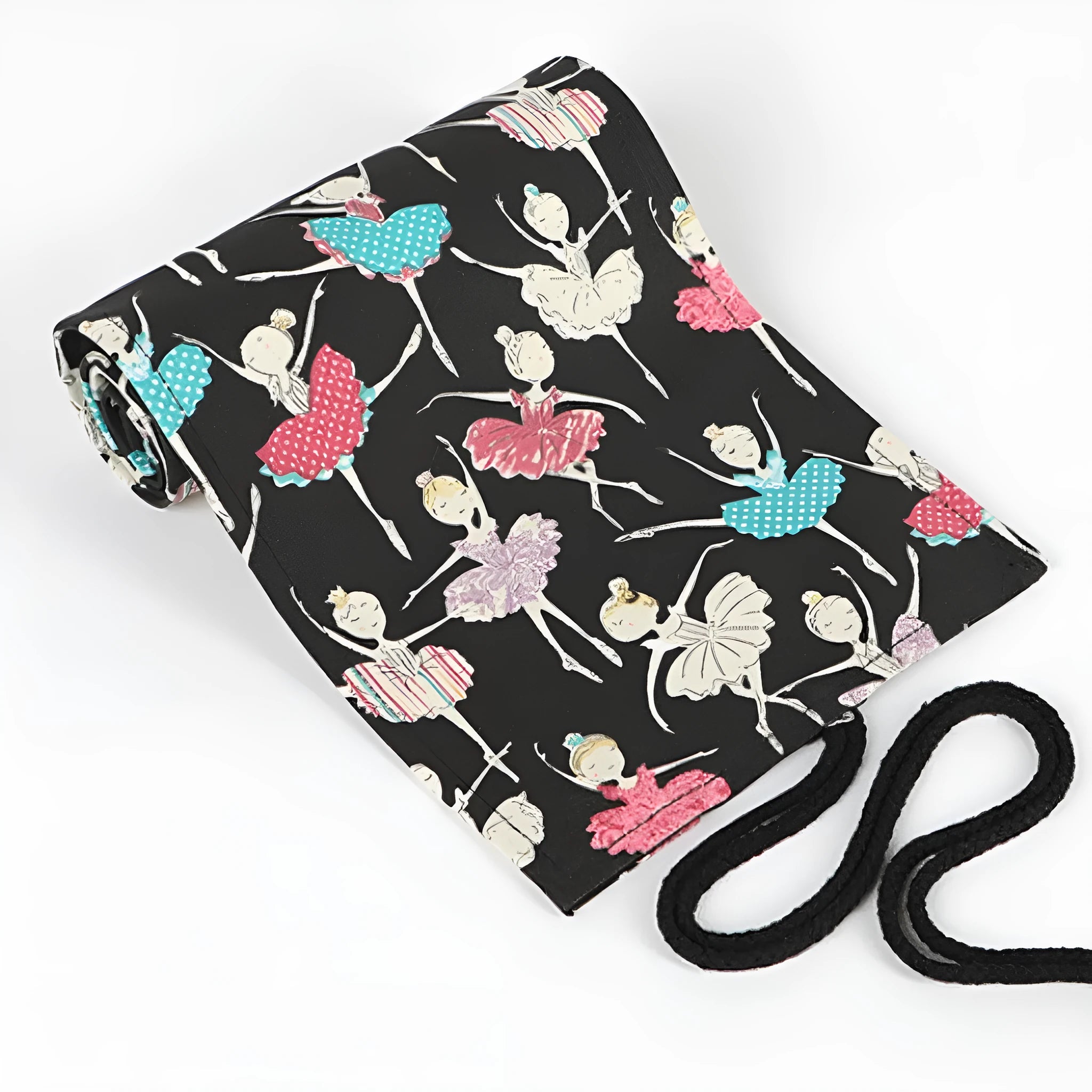 Ballet girl print canvas pencil case curtain rolled up showing multiple pencil holes for organised storage