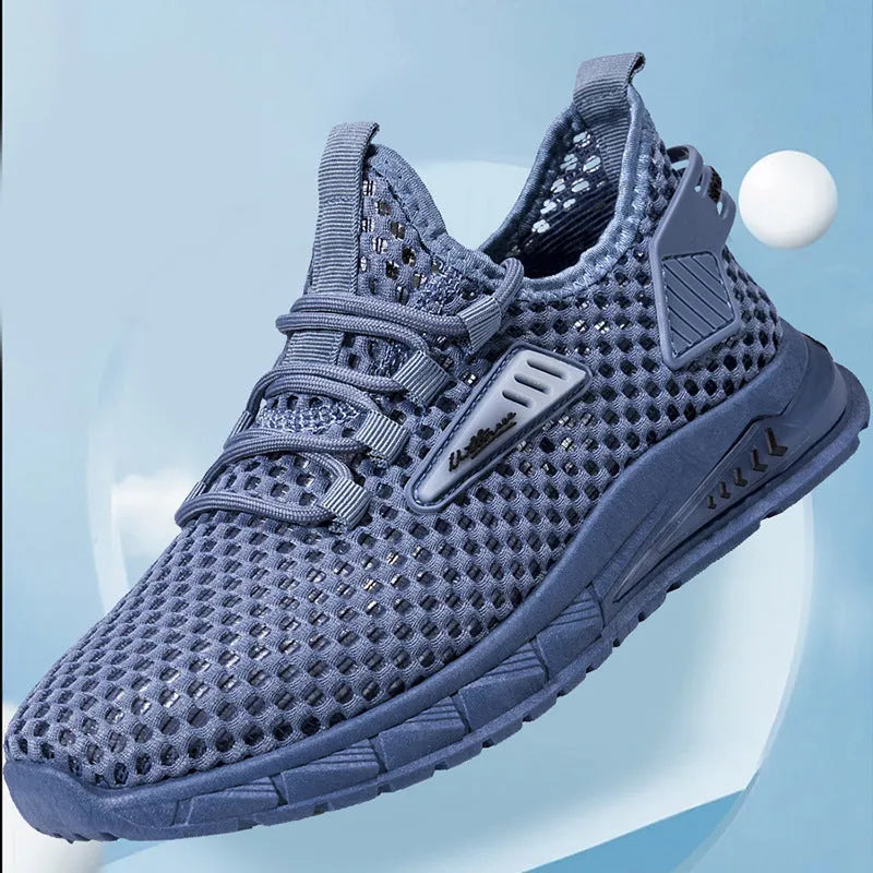 Men's beige mesh sneakers with synthetic leather upper and lace-up front on a white background