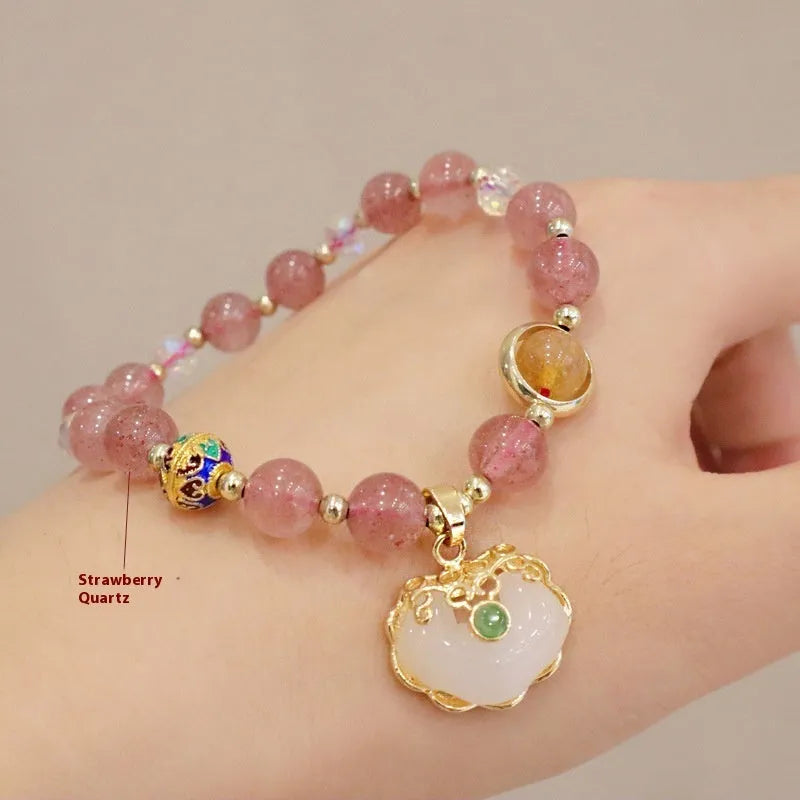 Strawberry Quartz and Gray Jade geometric national style bracelet with metal decoration