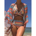 Women's three-piece cross bandage high waist swimsuit set in polyester fabric