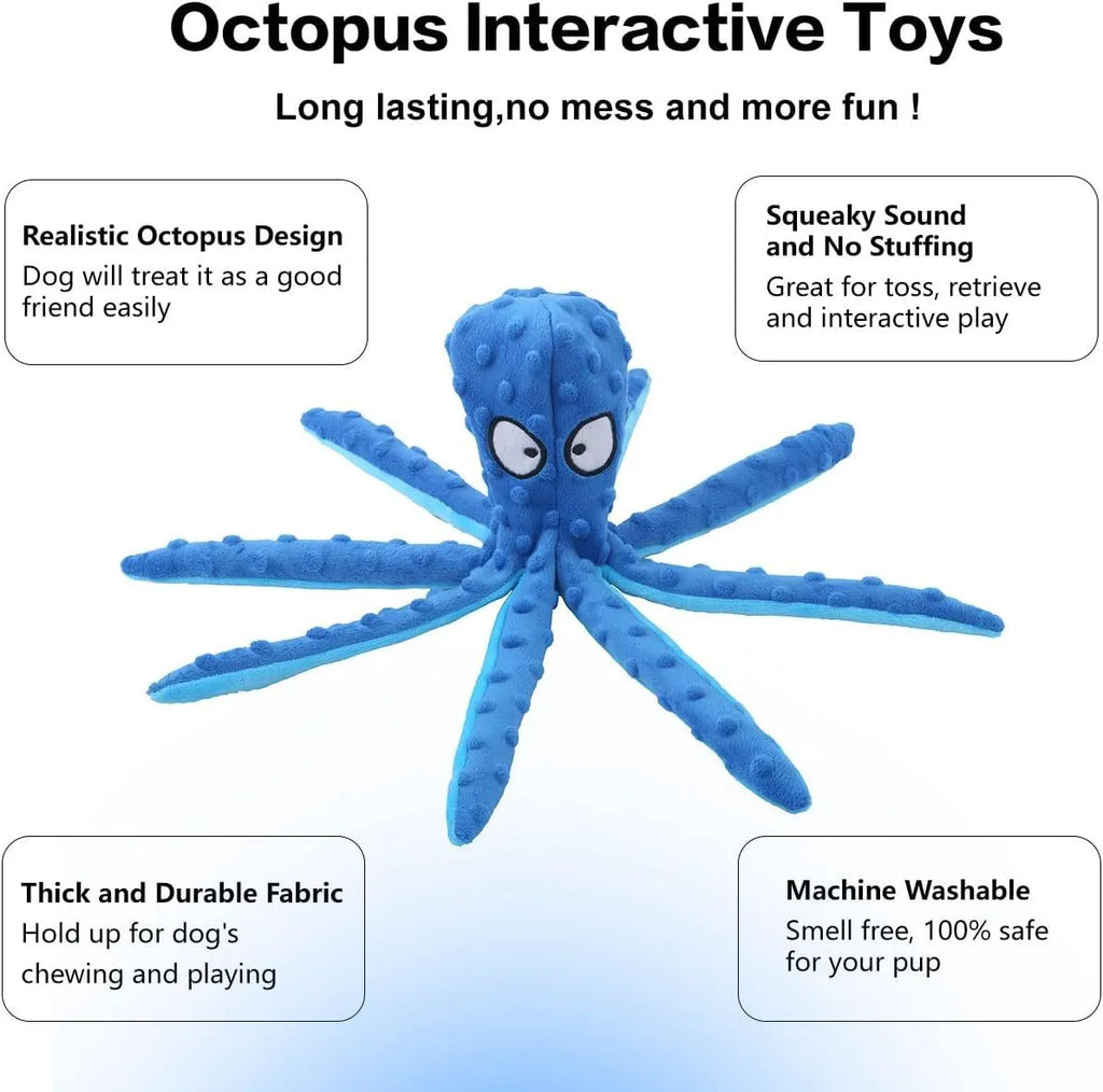 Blue no stuffing octopus squeaky toy with crinkle paper and BB call for dogs, made from crystal soft mesh, 32cm long