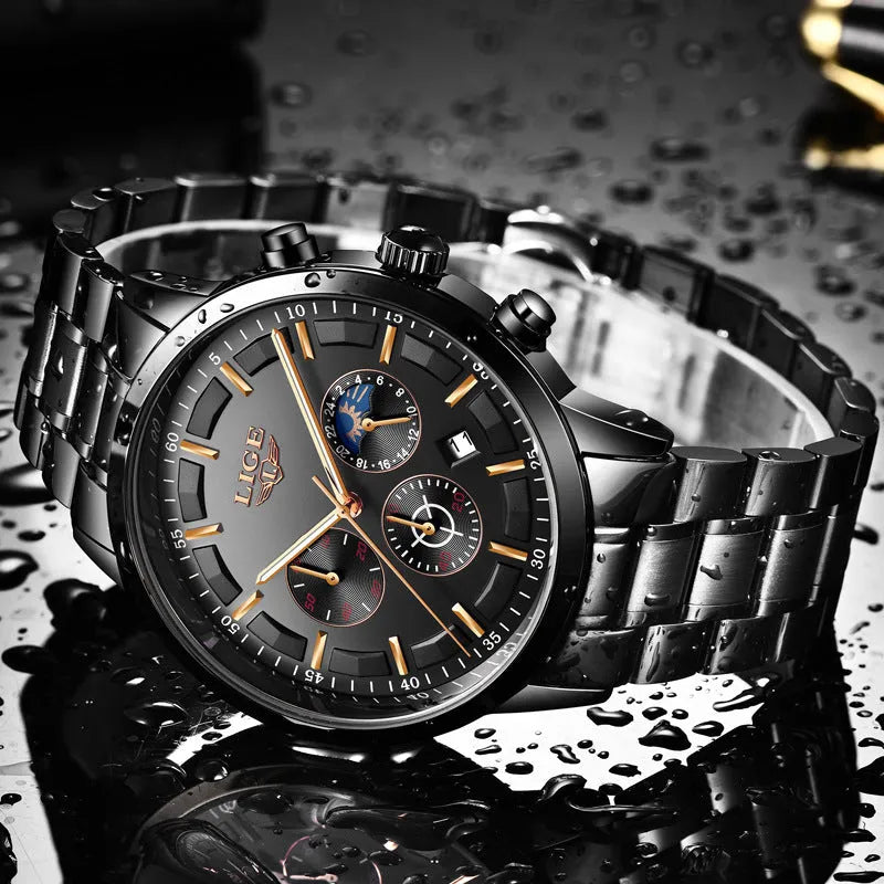 Men's black and rose gold waterproof sports watch with a quartz movement on a wrist.