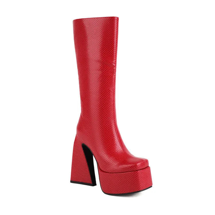 Women's black casual high boots with a PU leather upper, shown alongside red, blue, and white colour variants.