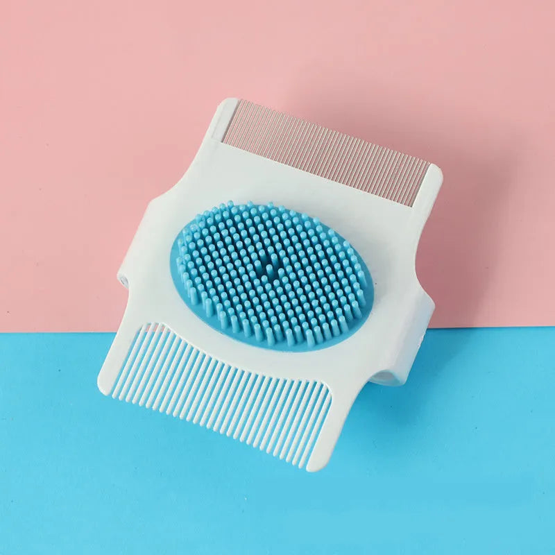 Blue multifunctional pet comb grooming tool measuring 8.5cm with floating hair removal, massage, and flea removal functions