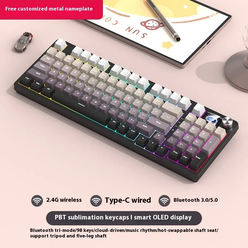 98 key wireless Bluetooth mechanical keyboard with display screen and metal knob
