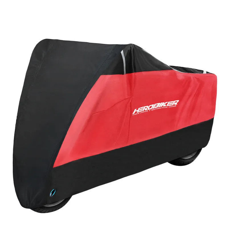 Black and silver polyester motorcycle rain cover with anti-theft and heat insulation features