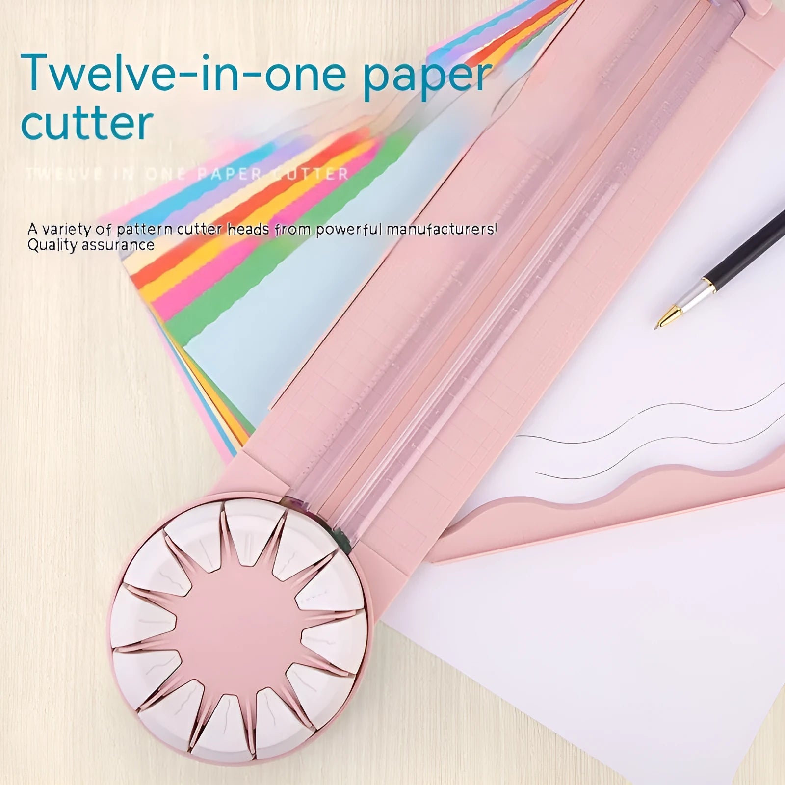 Pink plastic paper cutting machine with 12 pattern functions measuring 46.2 cm long