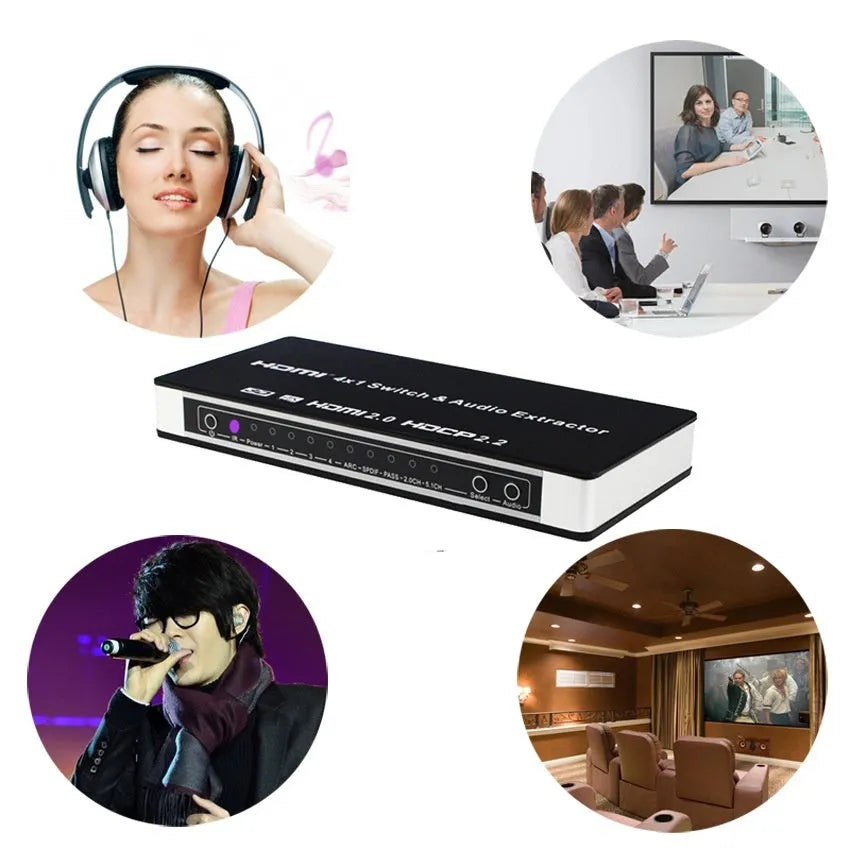 Black HDMI audio switch with remote control and 10-metre cable for 4-in-1 video switching