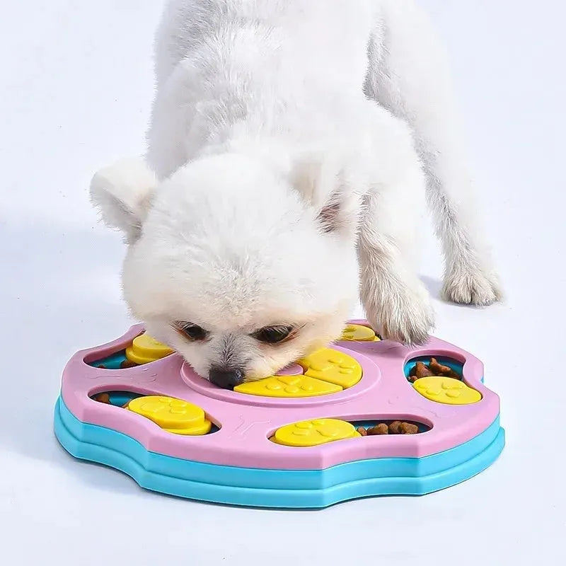 Blue and pink dog puzzle feeder bowl toy for interactive food searching and slow eating
