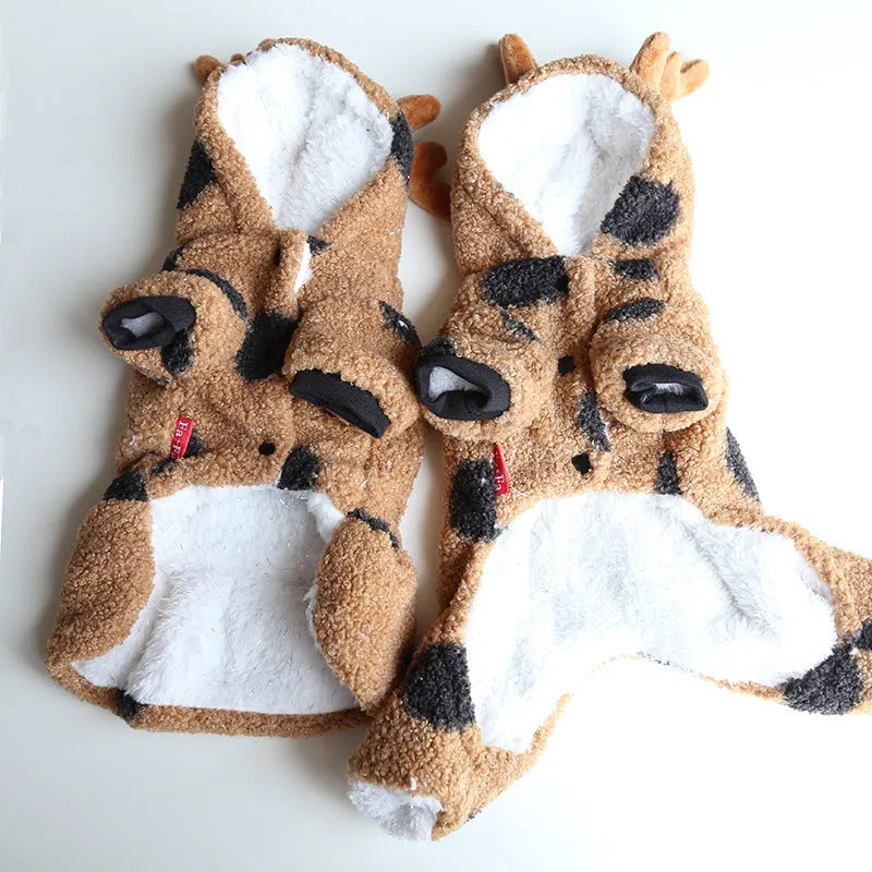 Polka dot elk couple print pet clothing for dogs or cats in skirt and four-legged styles.
