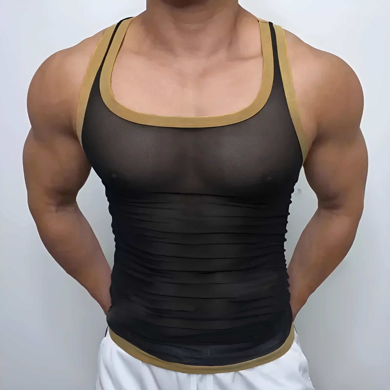 Men's fitness tight mesh style vest in solid colour with straight hem, white or black