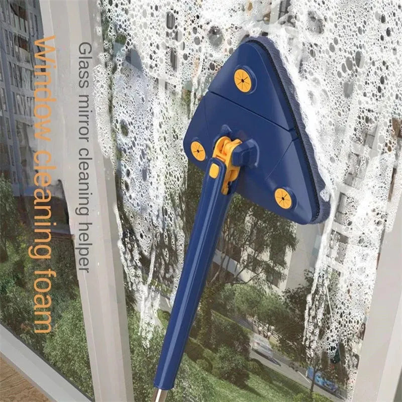 Blue and white triangular cleaning mop with a long stainless steel pole extended for ceiling cleaning.