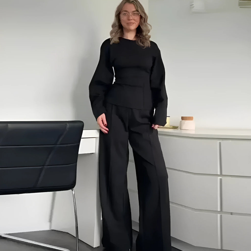 Women's polar fleece two-piece suit set showing O-neck top and wide leg trousers